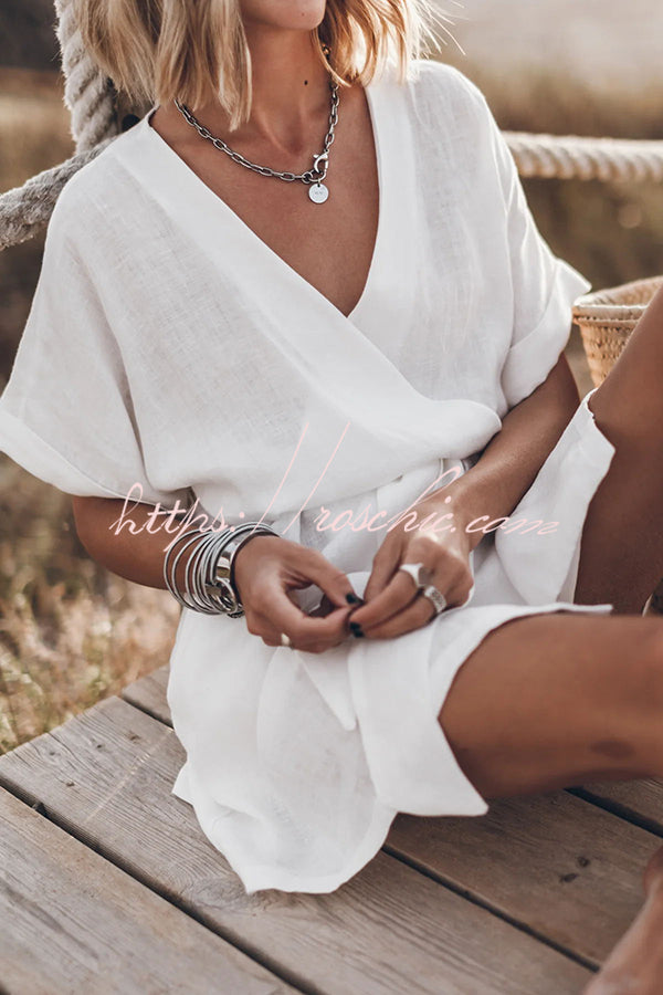 Cotton Linen Blend Kimono Mini Dress with Belt & Pockets