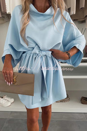 Loose Batwing Sleeve Belted Mini Dress – Solid Color