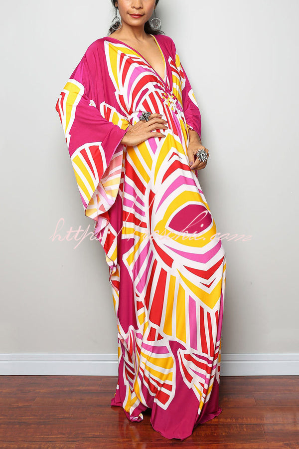 Printed Batwing Sleeve Loose Maxi Dress for Vacation
