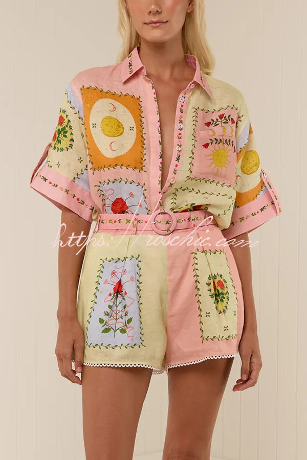 Linen Blend Printed Short Sleeve Shirt & Belted Shorts Set