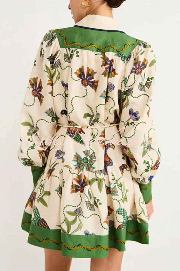 Printed Balloon Sleeve Mini Dress – Loose Fit Casual