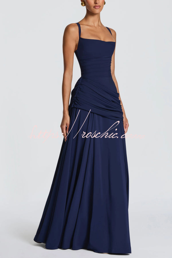 Spaghetti Strap Square Neck Pleated Maxi Dress – Slim Fit