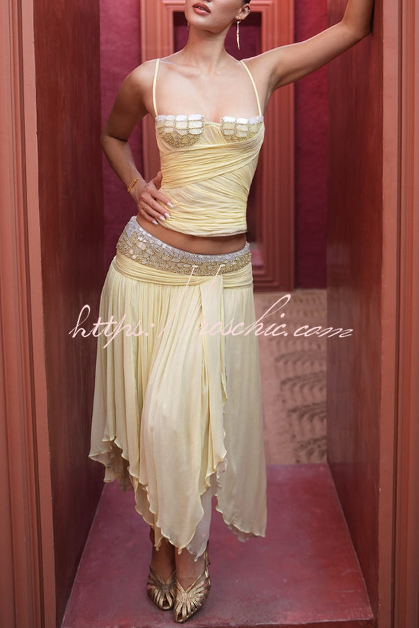 Creamy Yellow Layered Chiffon Midi Skirt with Crystal Beaded Belt