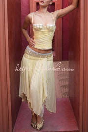 Creamy Yellow Layered Chiffon Midi Skirt with Crystal Beaded Belt