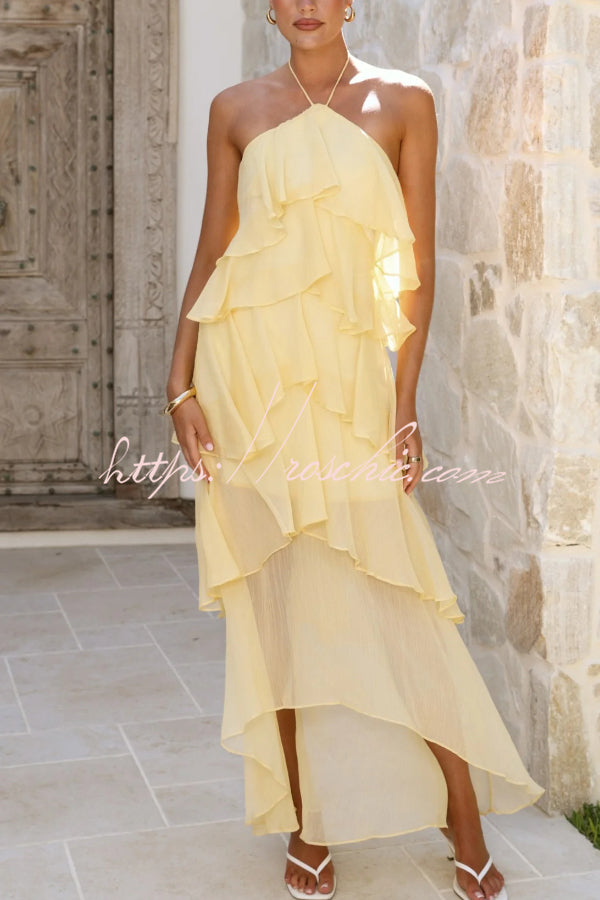 Chiffon Halter Neck Ruffle Maxi Dress – Loose Fit