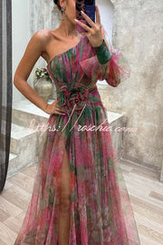 Tulle One-Shoulder Floral Pleated Slit Maxi Dress