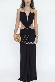Metal-Link Cutout Back Lace-Up Drape Maxi Dress