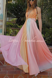 Chiffon Ombré Print Belted Vacation Maxi Dress