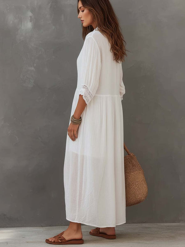 Robe midi chemise en lin et coton à bordure en dentelle | Manches courtes