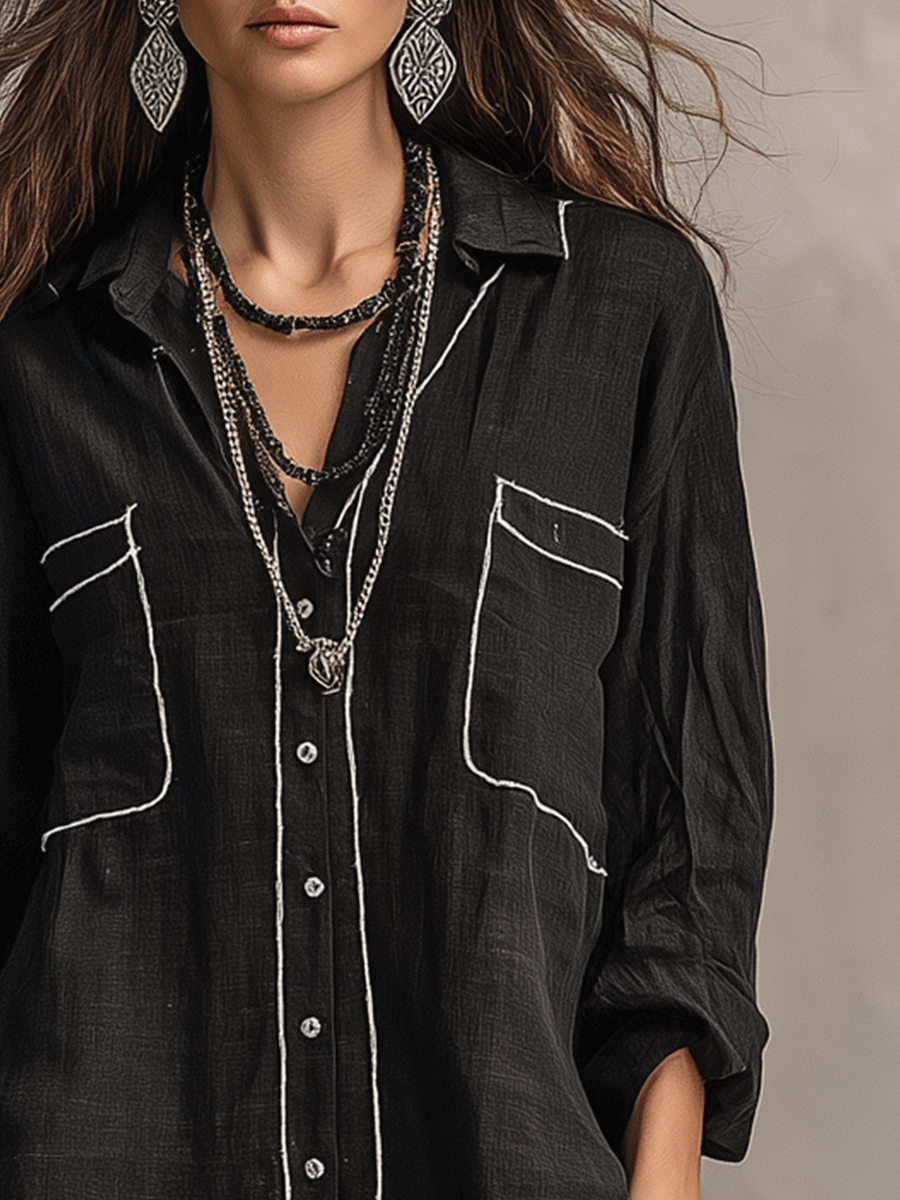 Black Linen Long Sleeve Blouse – Relaxed Bohemian Top