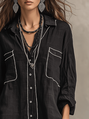 Black Linen Long Sleeve Blouse – Relaxed Bohemian Top