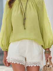 Light Green Lace-Trim Top & Linen Shorts Set