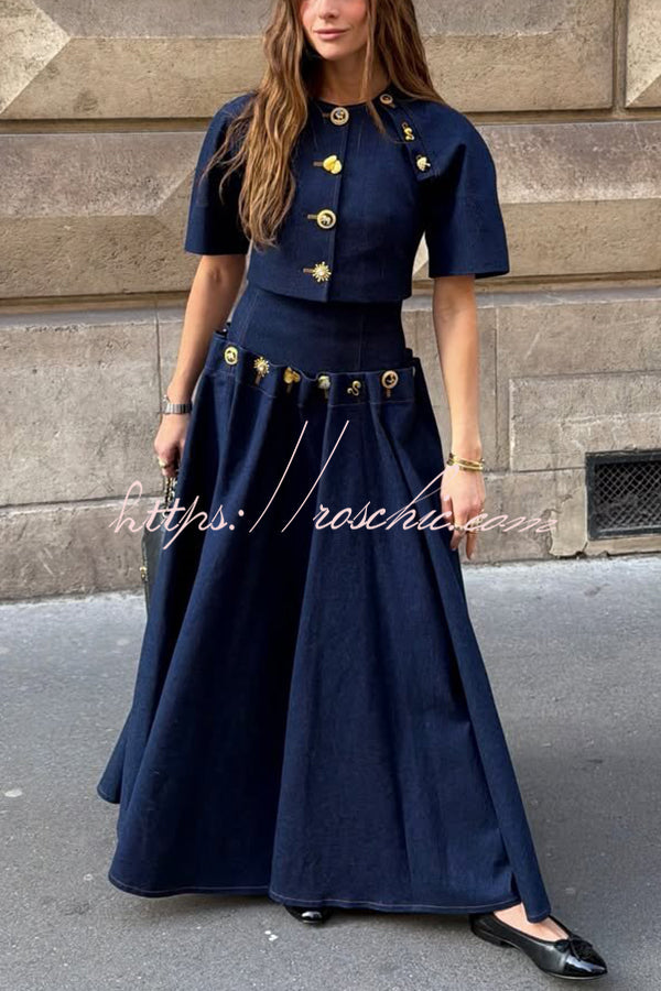 Denim Maxi Skirt with Metal Pattern Buttons & Lace-up Waist
