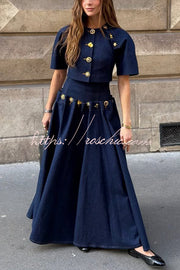 Denim Maxi Skirt with Metal Pattern Buttons & Lace-up Waist