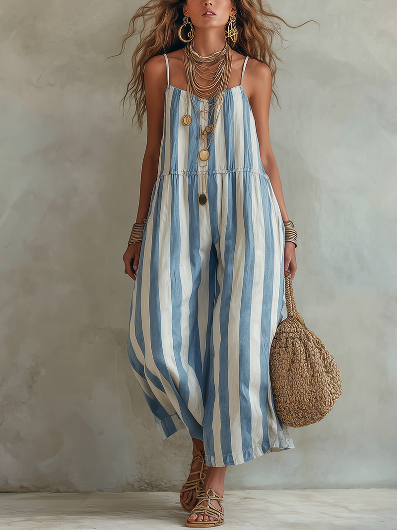 Blue & White Striped Sleeveless Jumpsuit – Vacation Style