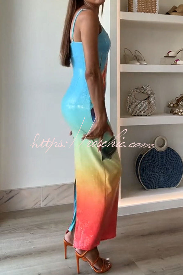 Sequin Floral Gradient Maxi Dress with Slit – Slim Fit
