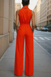 Sleeveless Wide-Leg Jumpsuit with Lapel & High Waist