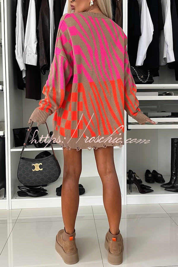 Zebra Geometric Knit Sweater with Frayed Hem, Loose Fit
