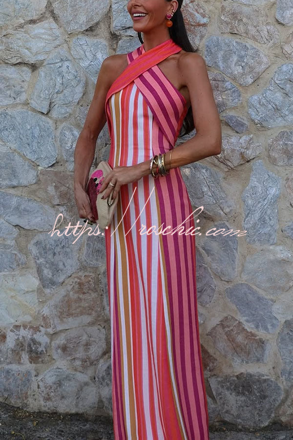 Robe longue évasée à col licou et à rayures en lin mélangé