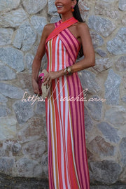 Robe longue évasée à col licou et à rayures en lin mélangé