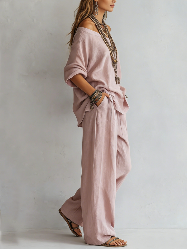 Light Pink Linen Wide-Leg Pants Set for Women