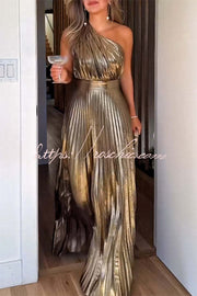 Robe longue plissée métallisée à une épaule – Tenue de soirée