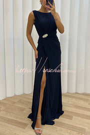 Pleated Embellished Slit Sleeveless Evening Maxi Dress
