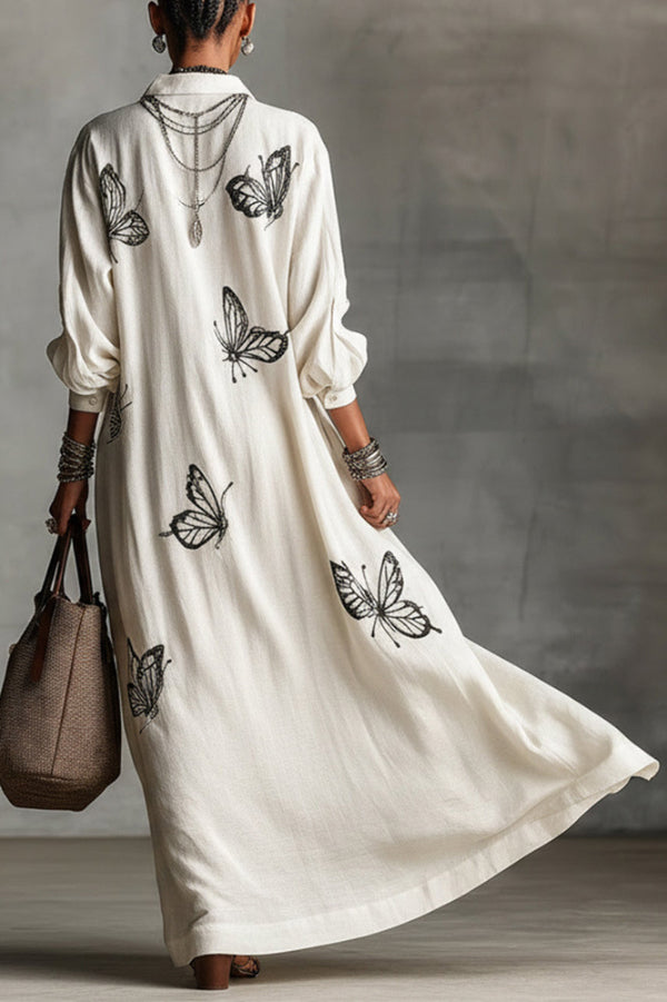 Butterfly Print V-Neck Maxi Dress – Loose Long Sleeve