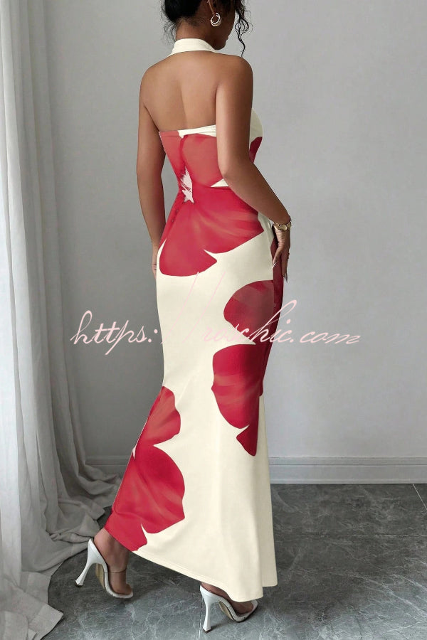 Floral Print Halter Neck Backless Maxi Dress