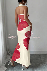 Floral Print Halter Neck Backless Maxi Dress