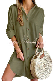 Solid Color Button-Down Mini Dress – Casual Loose Fit