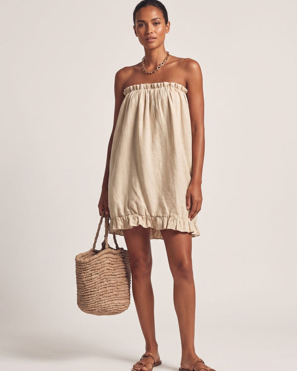 Strapless Ruched Cotton Mini Dress