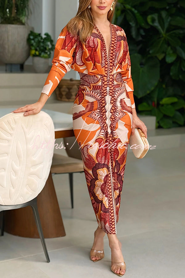 Printed Dolman Sleeve Ruched Midi Dress with Side Slit