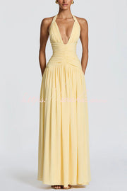 Chiffon Halter Maxi Dress with Lace-Up Back and Side Slit