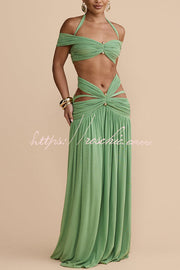 Stretch Mesh Cutout Waist Gathered Maxi Skirt with Gold Detail