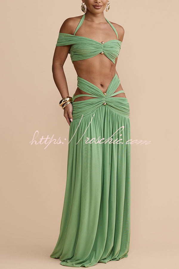 Stretch Mesh Cutout Waist Gathered Maxi Skirt with Gold Detail