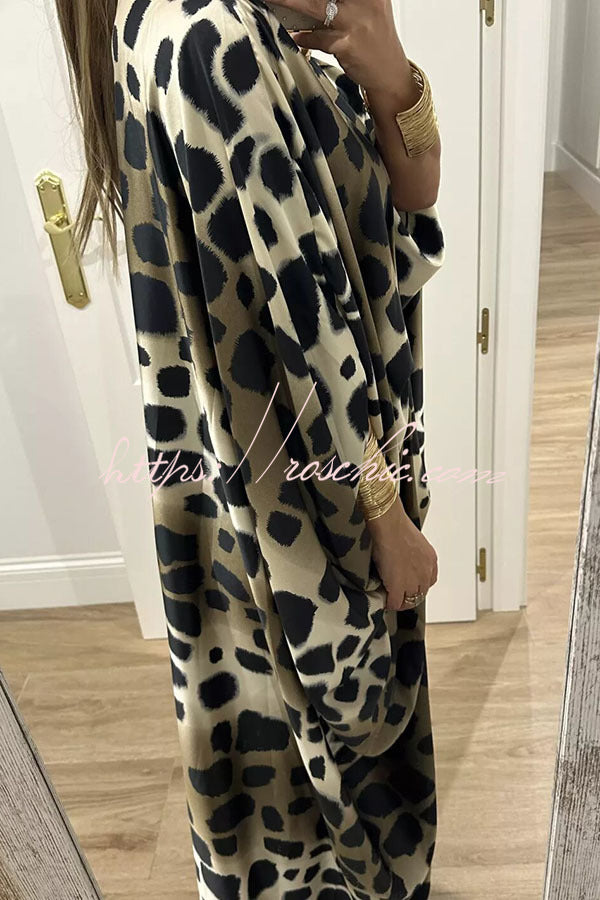 Satin Gemstone Embellished Maxi Dress with V-Neck Print