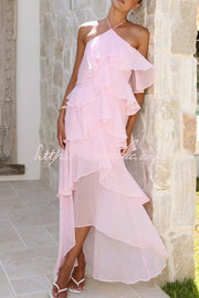 Chiffon Halter Neck Ruffle Maxi Dress – Loose Fit