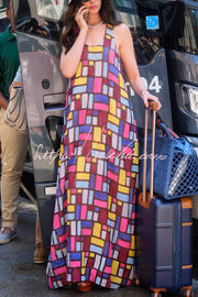Color-block Plaid Print Sleeveless Maxi Dress – Loose Fit