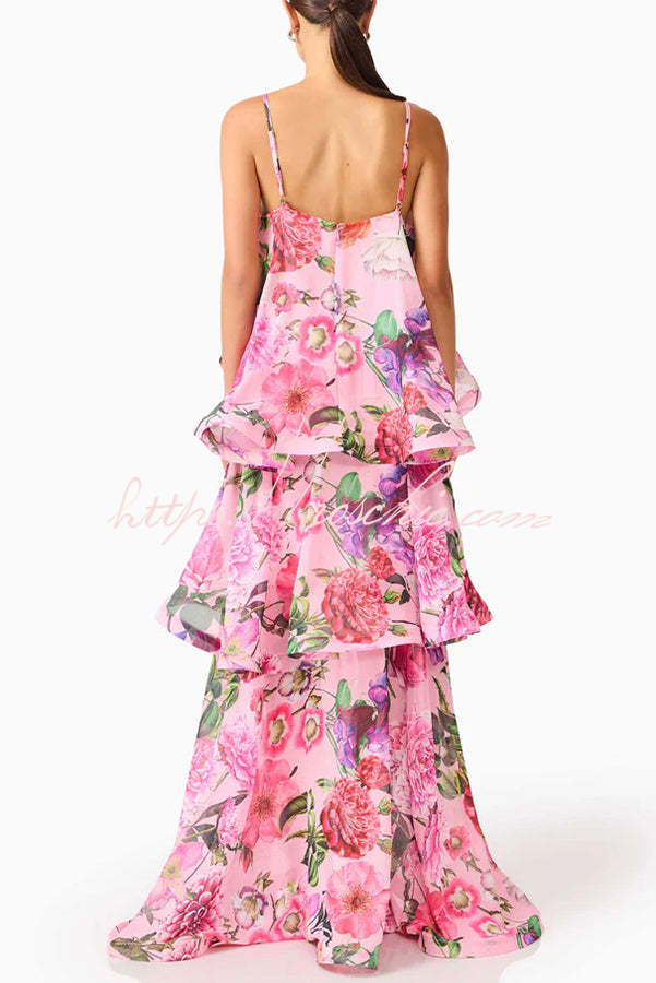 Floral Print Georgette Tiered Maxi Dress – Square Neck