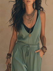 Sage Green Sleeveless Wide-Leg Jumpsuit with Drawstring Waist