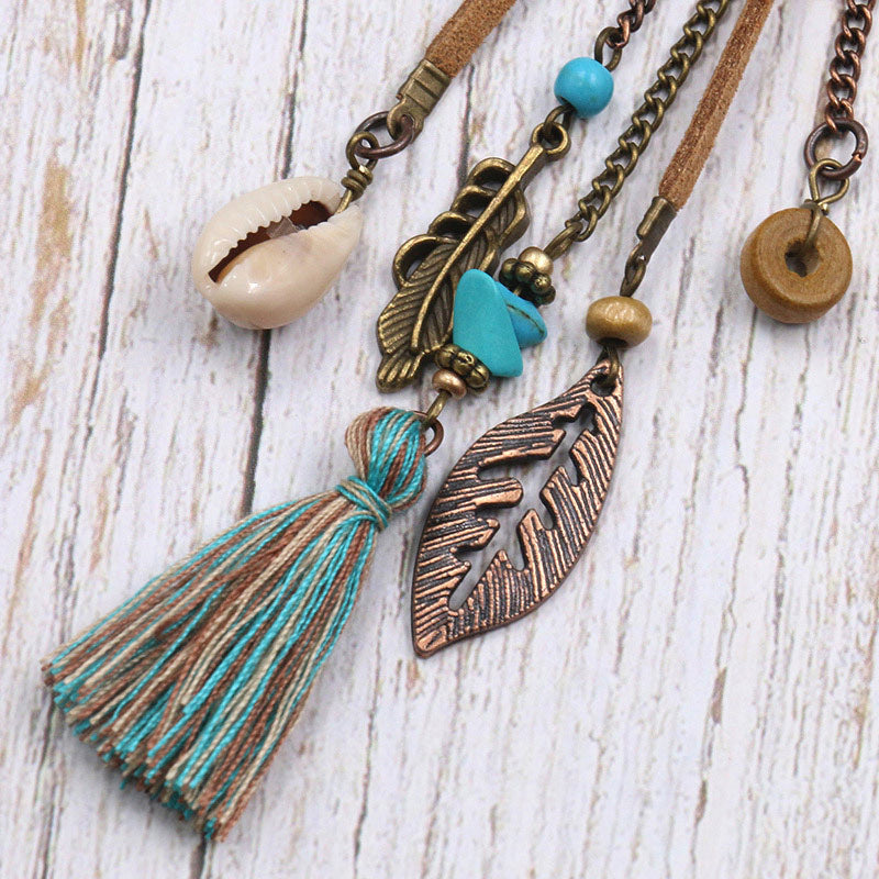 Retro Tassel Shell Leaf Drop Earrings with Long Fringe