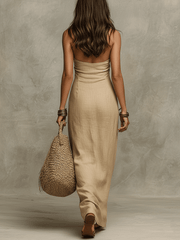 Linen Halter Maxi Dress – Soft Drape Column Silhouette