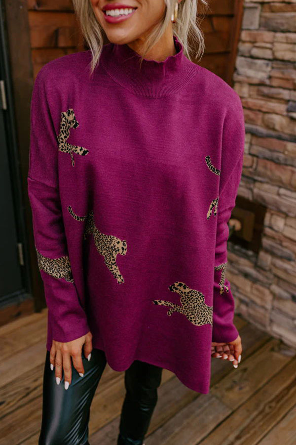 Leopard Print High Neck Relaxed Sweatshirt with Side Slit
