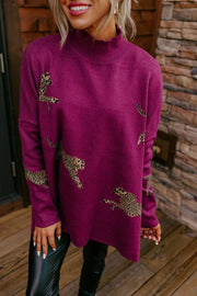 Leopard Print High Neck Relaxed Sweatshirt with Side Slit