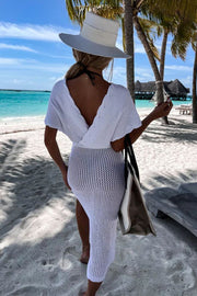 Knit Beach Cover Up Dress | Batwing Sleeve Calf Length
