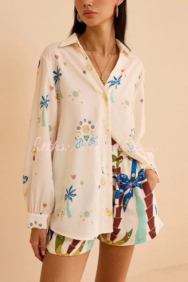 Linen Blend Printed Shirt & Elastic Waist Shorts Set