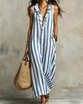Stripe Ruffle V-Neck Pocket Dress
