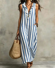 Stripe Ruffle V-Neck Pocket Dress