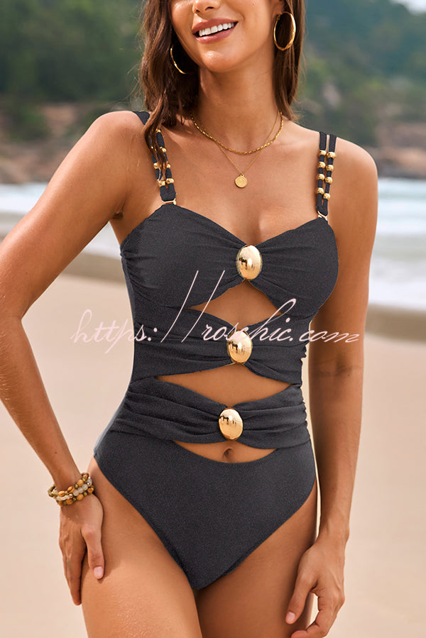 Color-block One-Piece Swimsuit with Metal Button Detail